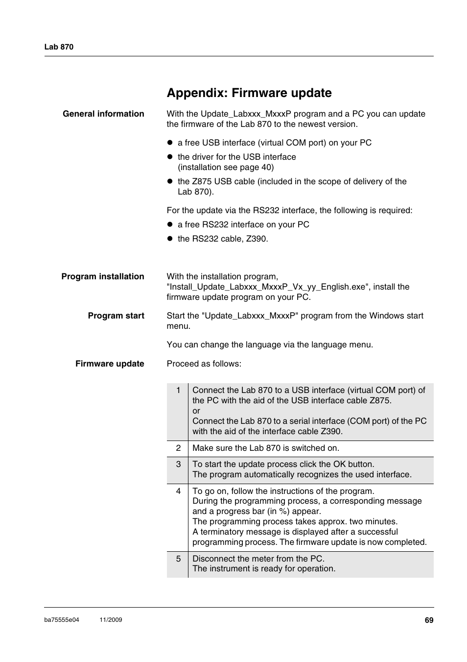 Appendix: firmware update, Firmware update | Xylem Lab 870 User Manual | Page 69 / 71