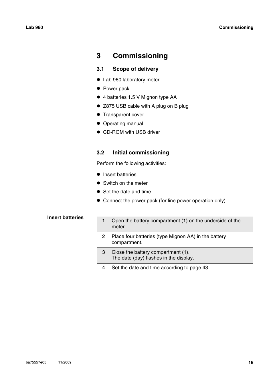 3 commissioning, 1 scope of delivery, 2 initial commissioning | Commissioning, Scope of delivery, Initial commissioning, 3commissioning | Xylem Lab 960 User Manual | Page 15 / 77