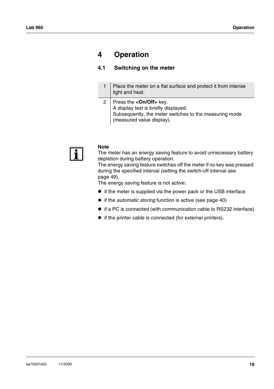 4 operation, 1 switching on the meter, Operation | Switching on the meter, 4operation | Xylem Lab 960 User Manual | Page 19 / 77