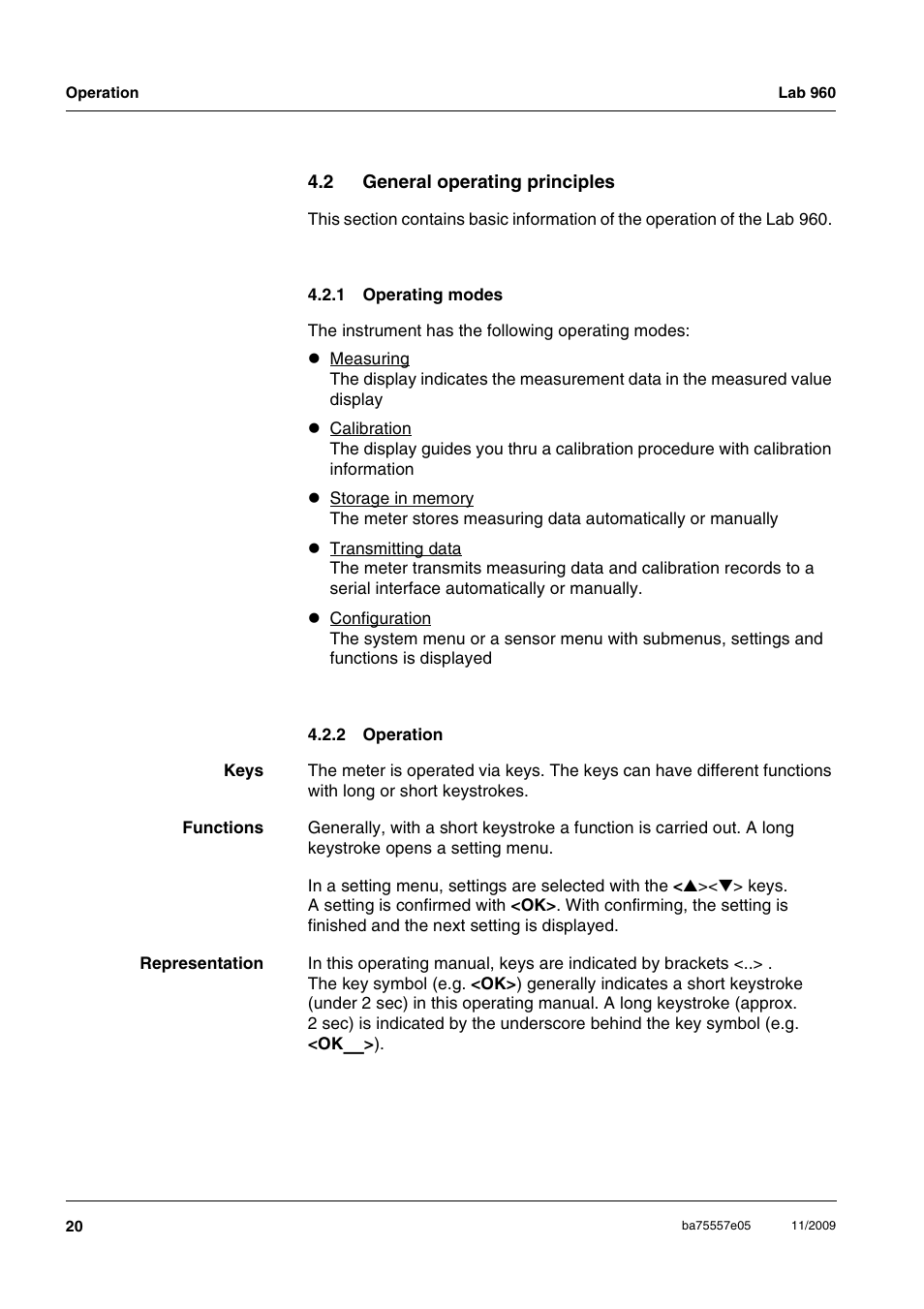 2 general operating principles, 1 operating modes, 2 operation | General operating principles 4.2.1, Operating modes, Operation | Xylem Lab 960 User Manual | Page 20 / 77