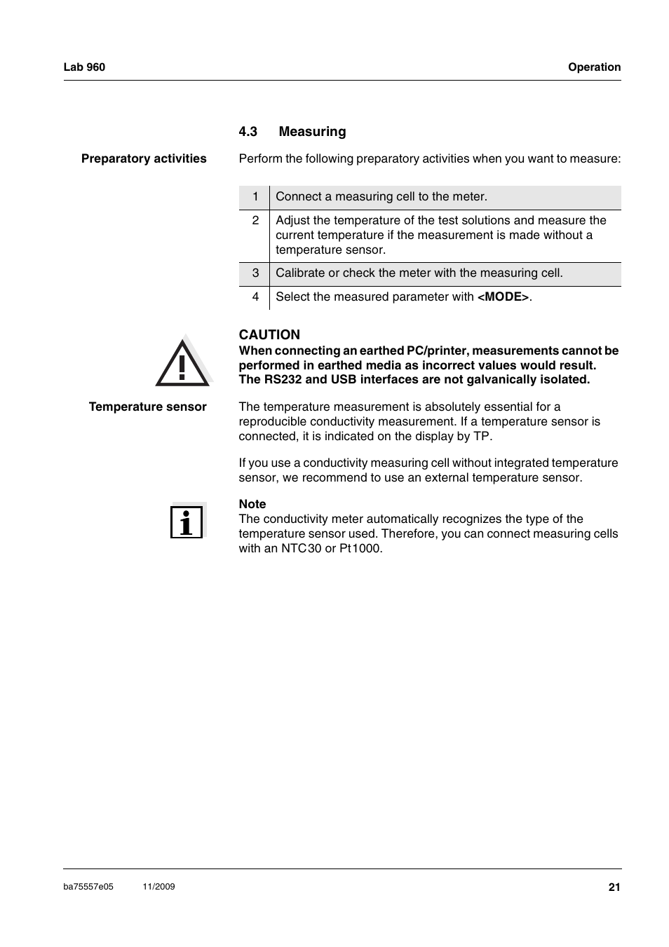 3 measuring, Measuring | Xylem Lab 960 User Manual | Page 21 / 77