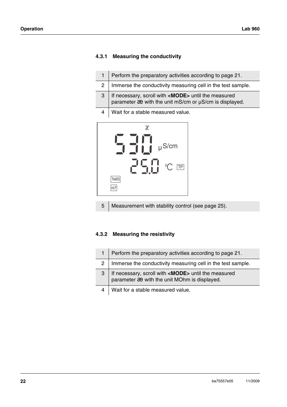 1 measuring the conductivity, 2 measuring the resistivity, Measuring the conductivity | Measuring the resistivity | Xylem Lab 960 User Manual | Page 22 / 77