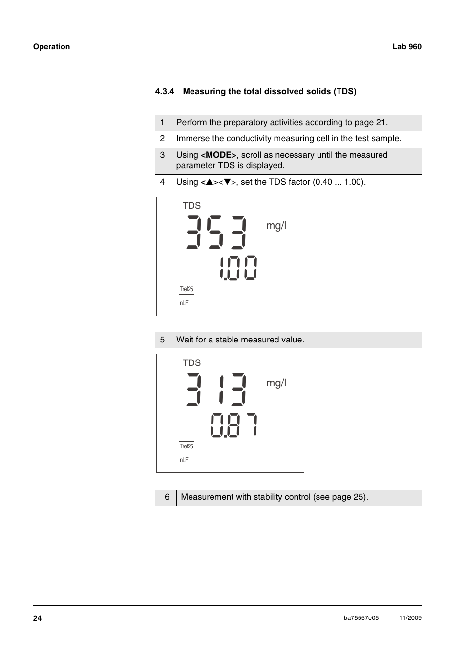 4 measuring the total dissolved solids (tds), Measuring the total dissolved solids (tds) | Xylem Lab 960 User Manual | Page 24 / 77