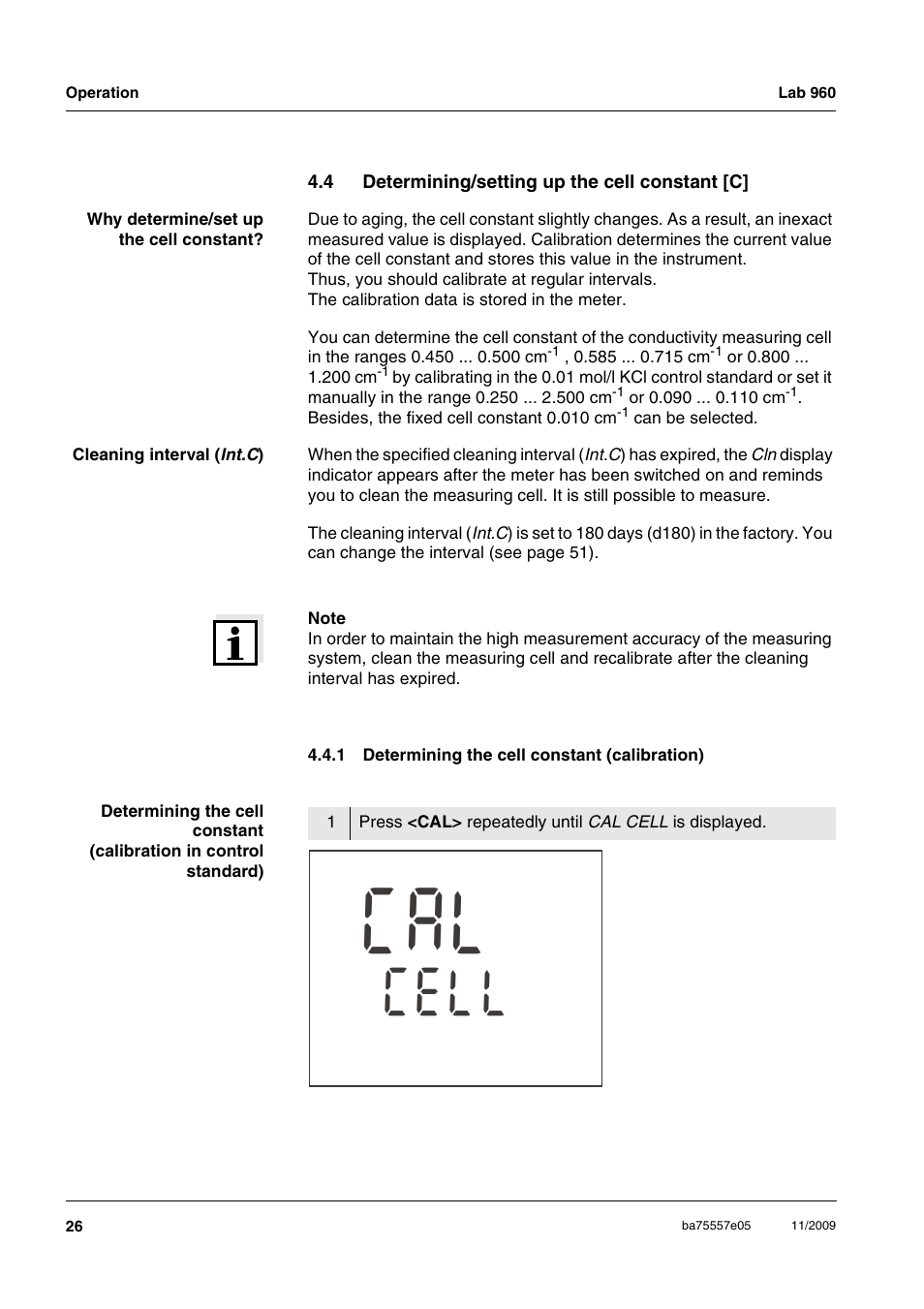 4 determining/setting up the cell constant [c, 1 determining the cell constant (calibration), Determining/setting up the cell constant [c] 4.4.1 | Determining the cell constant (calibration), La c, Lc l e | Xylem Lab 960 User Manual | Page 26 / 77