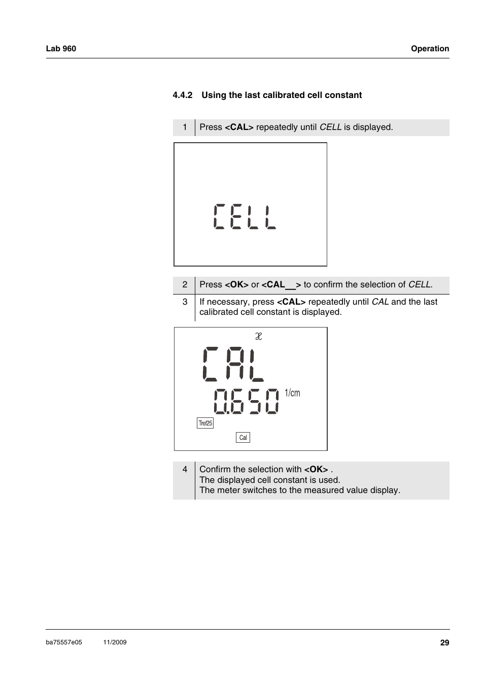 2 using the last calibrated cell constant, Using the last calibrated cell constant, Lc l e | Xylem Lab 960 User Manual | Page 29 / 77