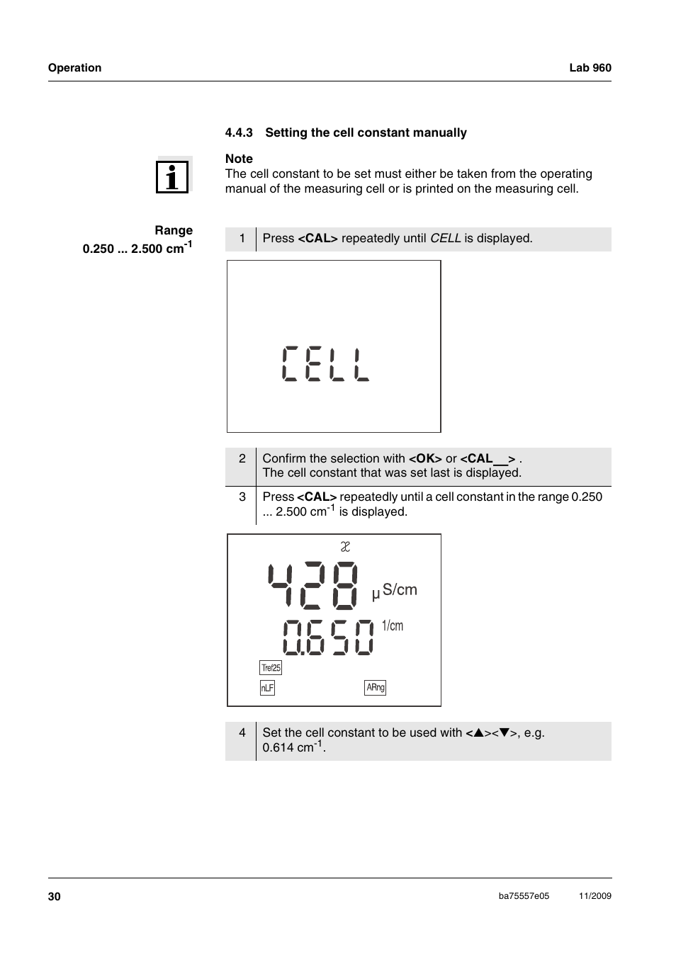 3 setting the cell constant manually, Setting the cell constant manually, Lc l e | Xylem Lab 960 User Manual | Page 30 / 77