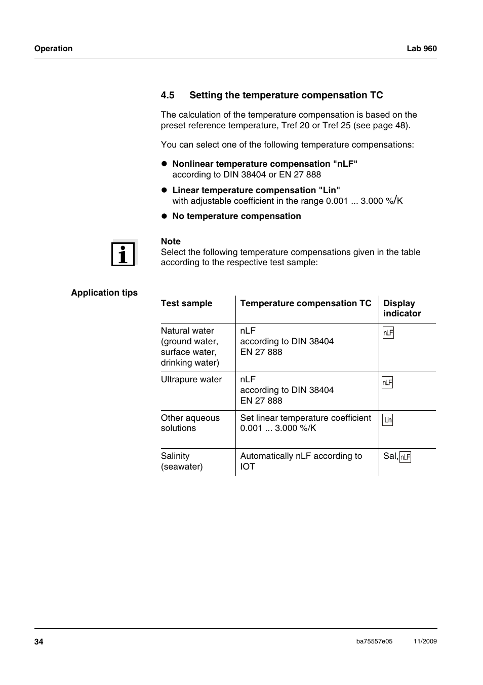 5 setting the temperature compensation tc, Setting the temperature compensation tc | Xylem Lab 960 User Manual | Page 34 / 77