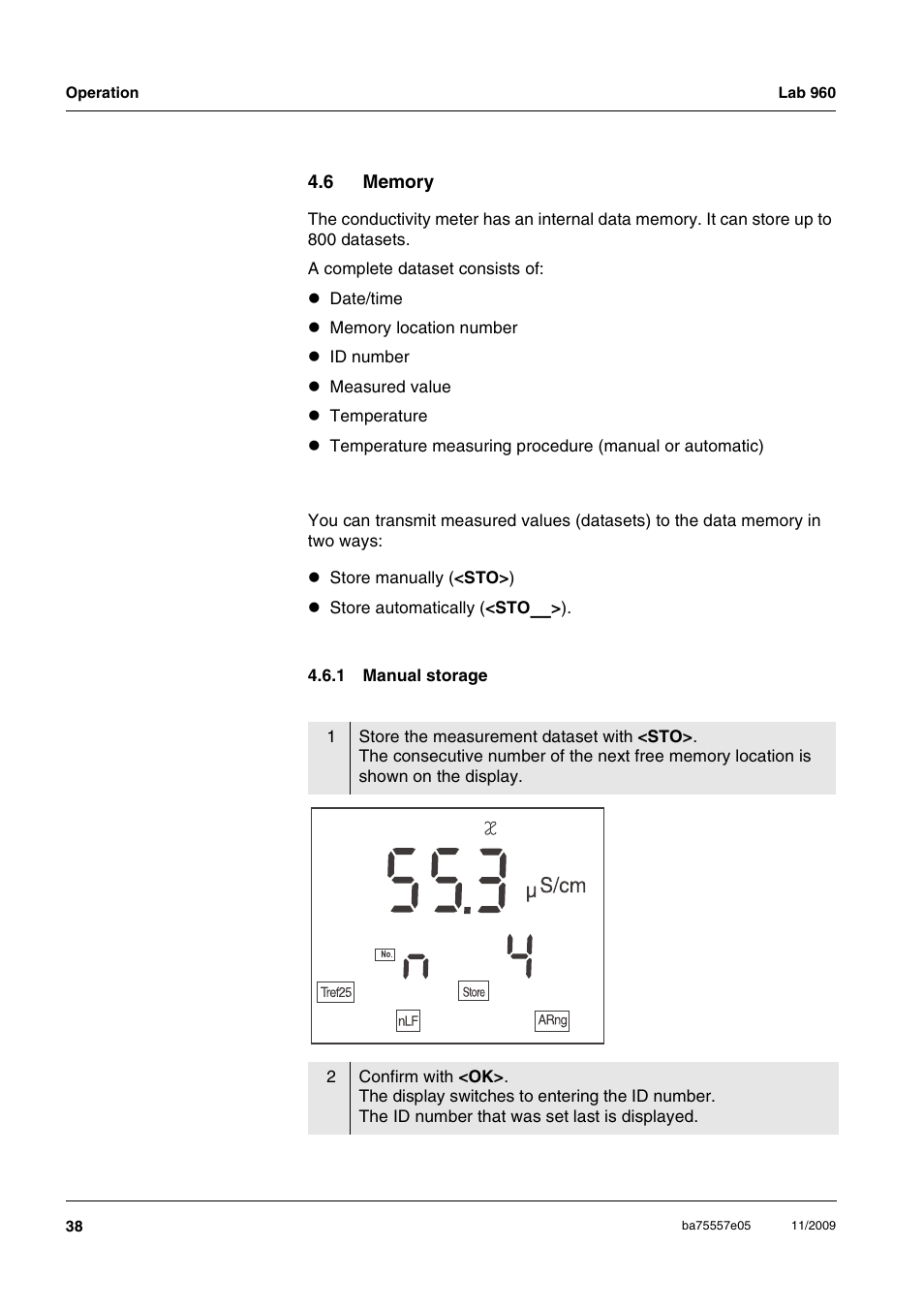 6 memory, 1 manual storage, Memory 4.6.1 | Manual storage | Xylem Lab 960 User Manual | Page 38 / 77