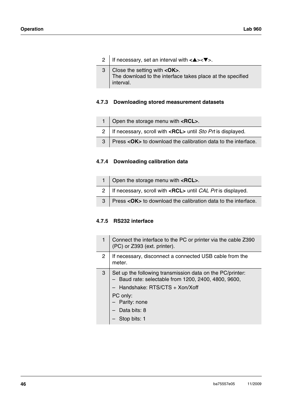 3 downloading stored measurement datasets, 4 downloading calibration data, 5 rs232 interface | Downloading stored measurement datasets, Downloading calibration data, Rs232 interface | Xylem Lab 960 User Manual | Page 46 / 77