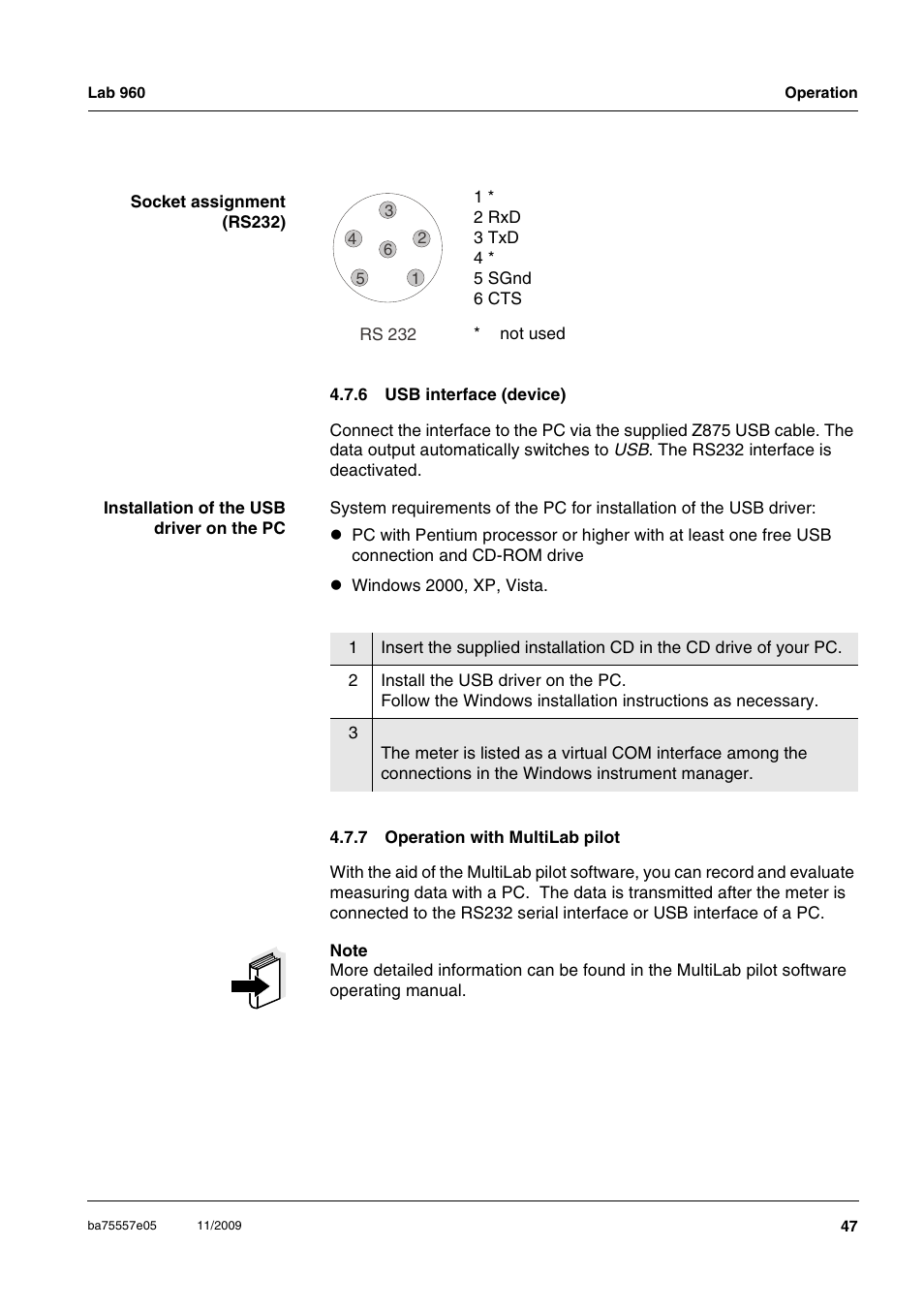 6 usb interface (device), 7 operation with multilab pilot, Usb interface (device) | Operation with multilab pilot | Xylem Lab 960 User Manual | Page 47 / 77