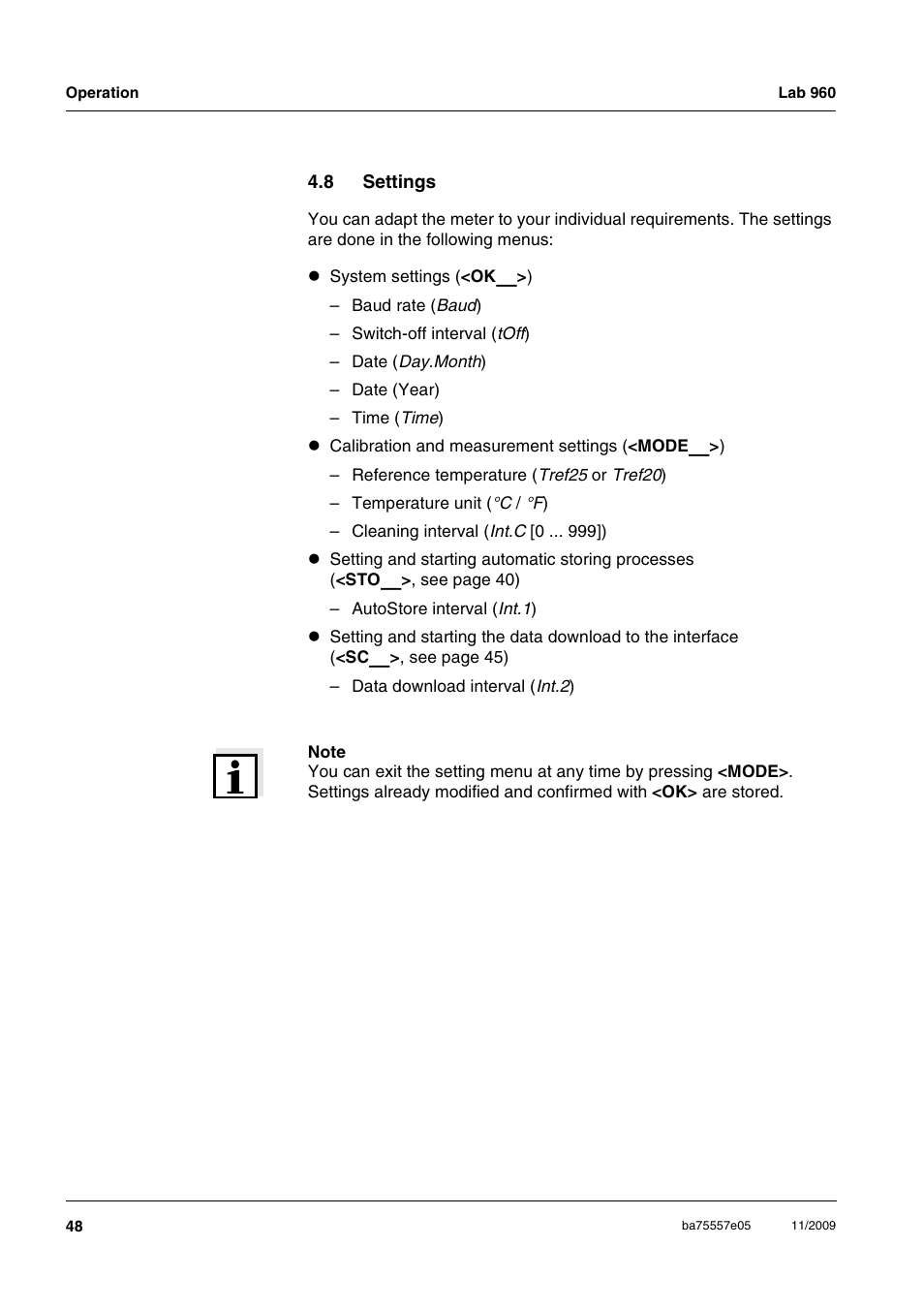 8 settings, Settings | Xylem Lab 960 User Manual | Page 48 / 77