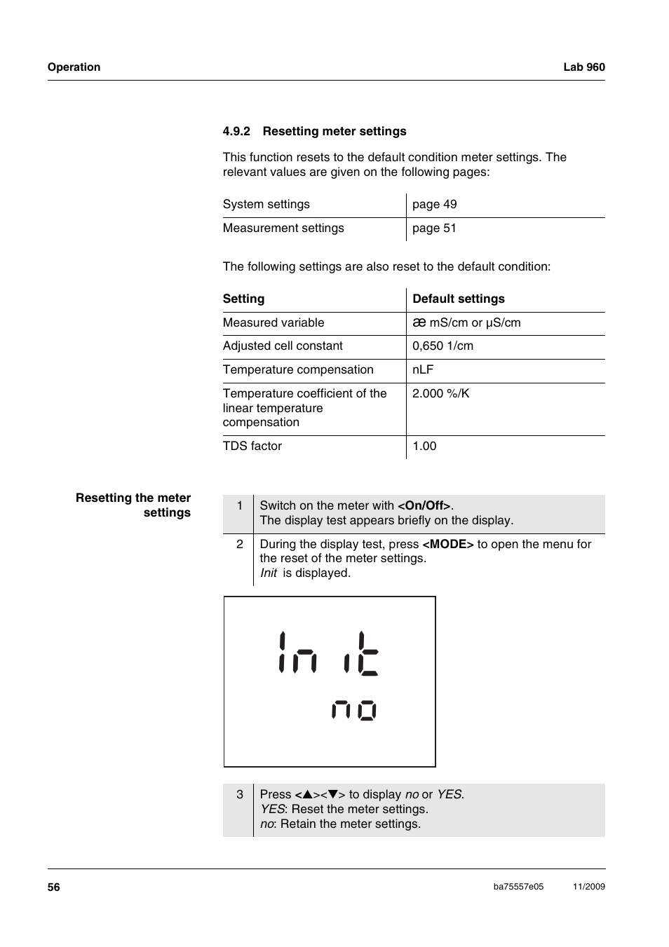 2 resetting meter settings, Resetting meter settings, Ti n i | Xylem Lab 960 User Manual | Page 56 / 77