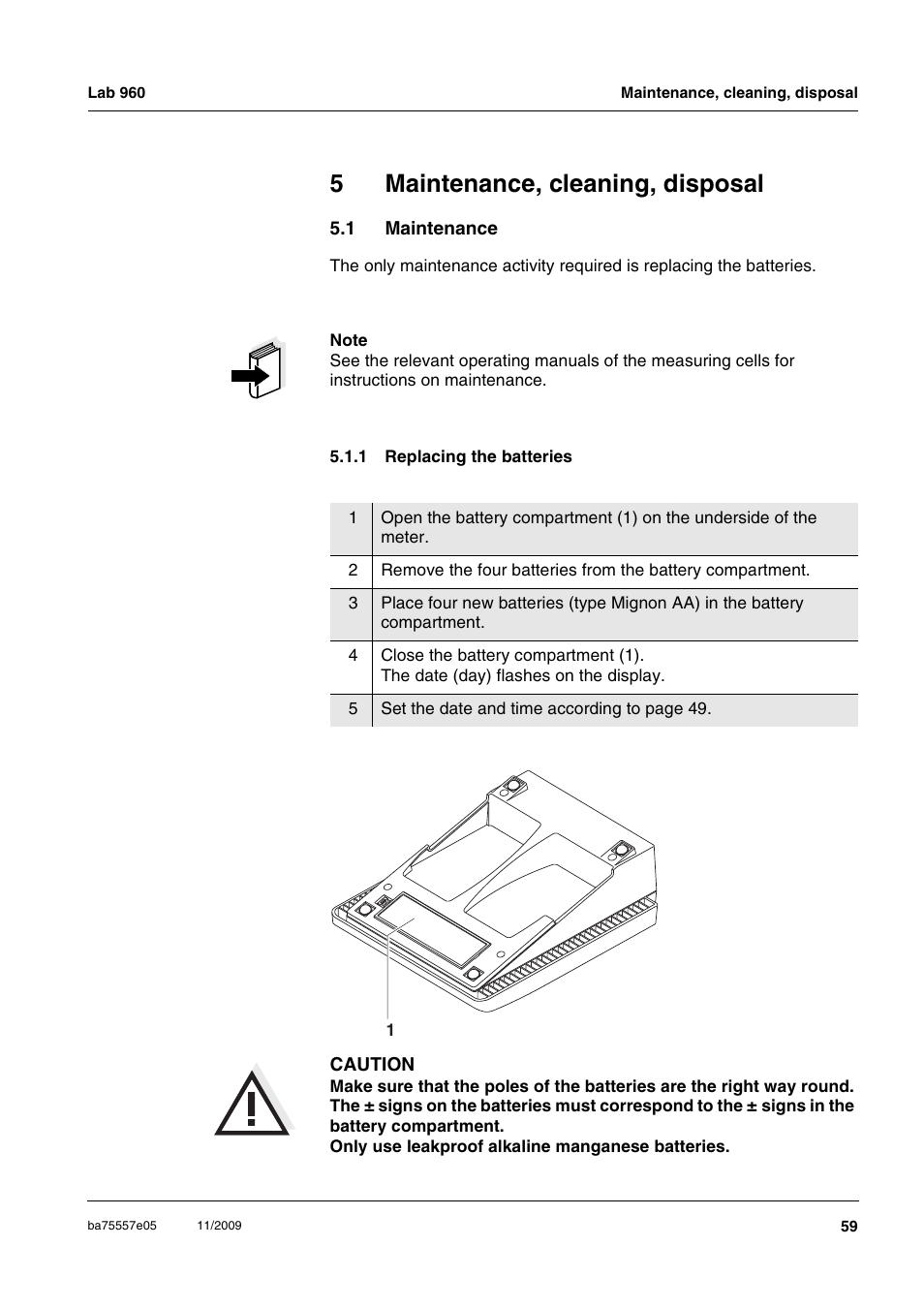 5 maintenance, cleaning, disposal, 1 maintenance, 1 replacing the batteries | Maintenance, cleaning, disposal, Maintenance 5.1.1, Replacing the batteries, 5maintenance, cleaning, disposal | Xylem Lab 960 User Manual | Page 59 / 77
