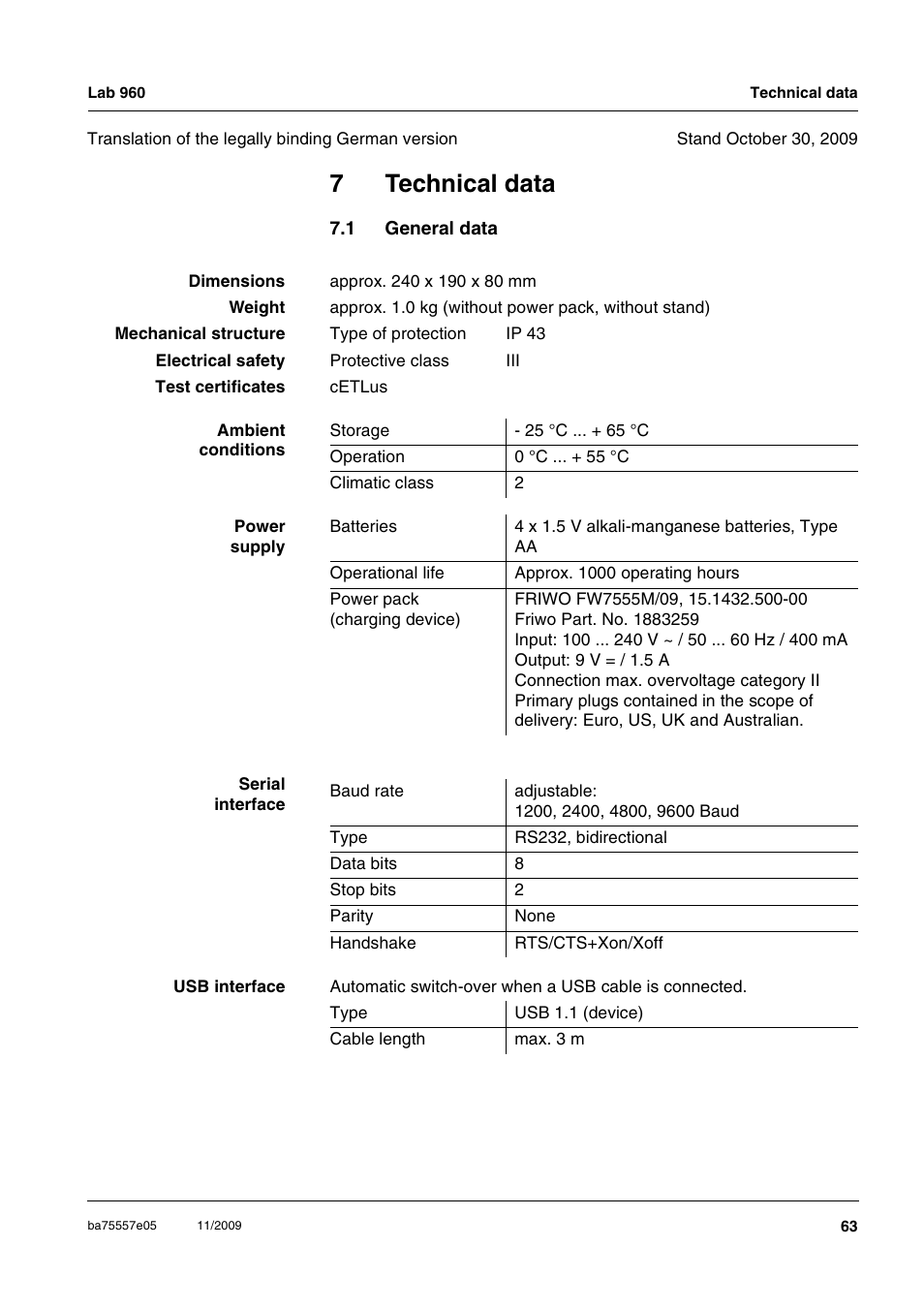 7 technical data, 1 general data, Technical data | General data, Chapter 7 t, Echnical, Data, 7technical data | Xylem Lab 960 User Manual | Page 63 / 77