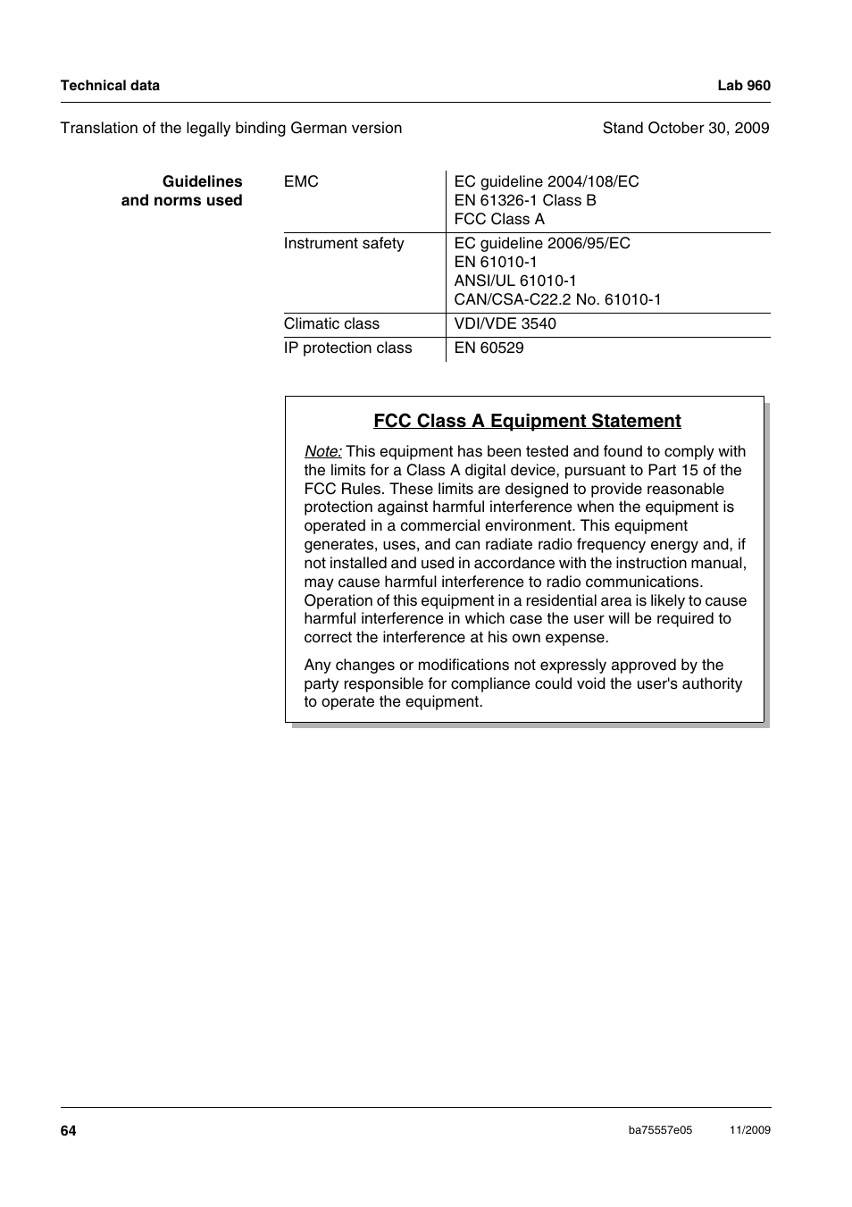 Fcc class a equipment statement | Xylem Lab 960 User Manual | Page 64 / 77