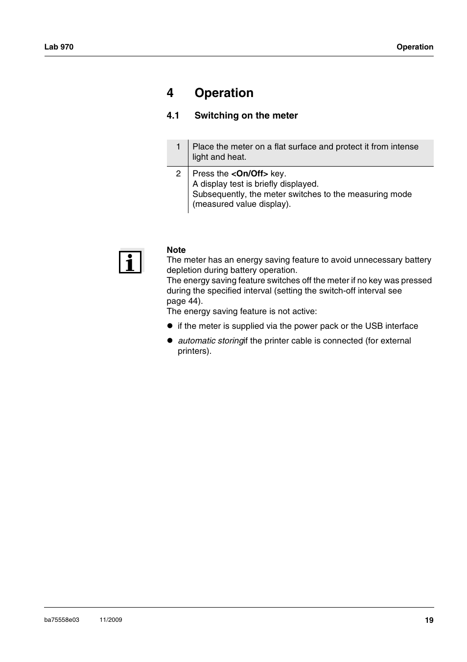 4 operation, 1 switching on the meter, Operation | Switching on the meter, 4operation | Xylem Lab 970 User Manual | Page 19 / 71