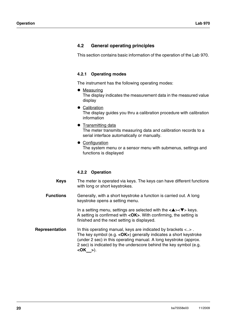 2 general operating principles, 1 operating modes, 2 operation | General operating principles 4.2.1, Operating modes, Operation | Xylem Lab 970 User Manual | Page 20 / 71