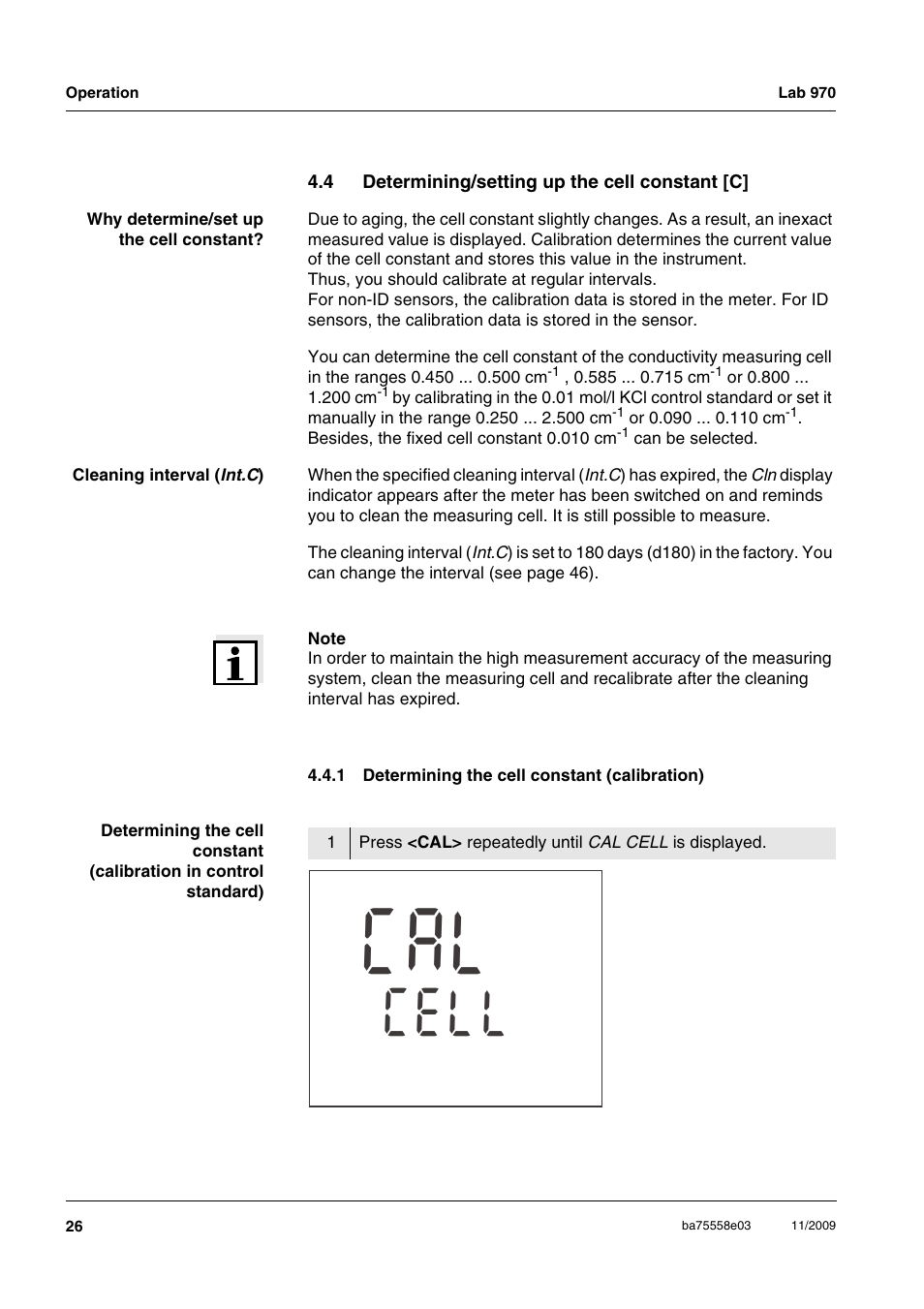 4 determining/setting up the cell constant [c, 1 determining the cell constant (calibration), Determining/setting up the cell constant [c] 4.4.1 | Determining the cell constant (calibration), La c, Lc l e | Xylem Lab 970 User Manual | Page 26 / 71