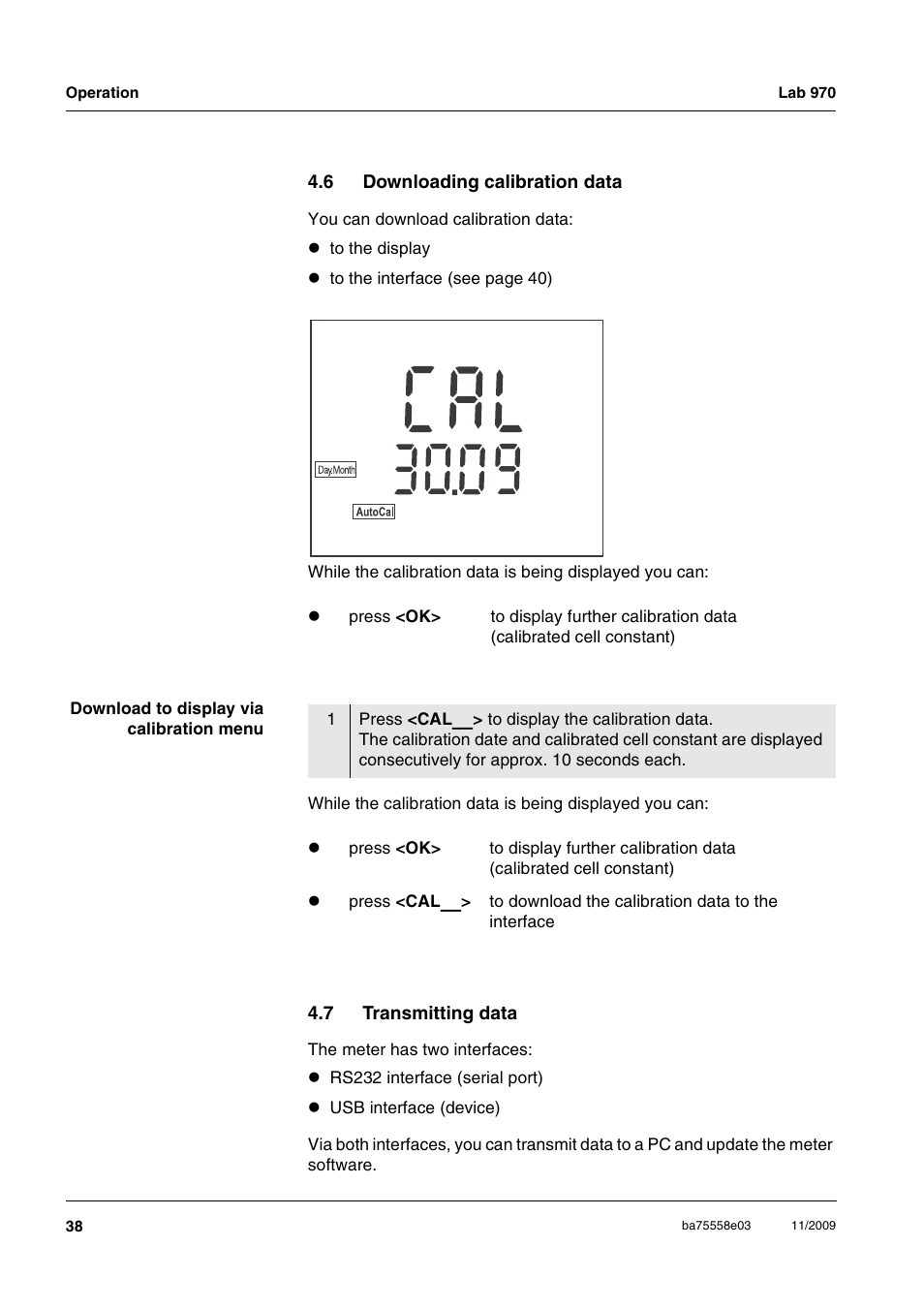 6 downloading calibration data, 7 transmitting data, Downloading calibration data | Transmitting data | Xylem Lab 970 User Manual | Page 38 / 71