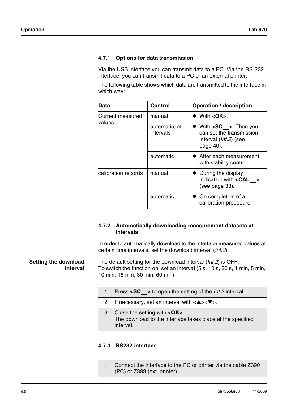 1 options for data transmission, 3 rs232 interface, Options for data transmission | Rs232 interface | Xylem Lab 970 User Manual | Page 40 / 71