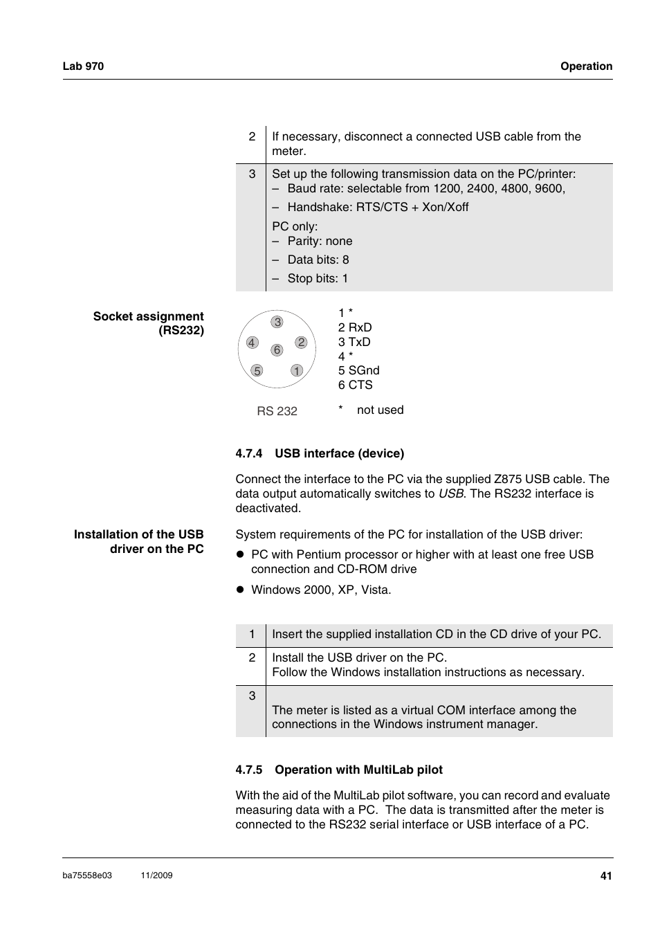 4 usb interface (device), 5 operation with multilab pilot, Usb interface (device) | Operation with multilab pilot | Xylem Lab 970 User Manual | Page 41 / 71