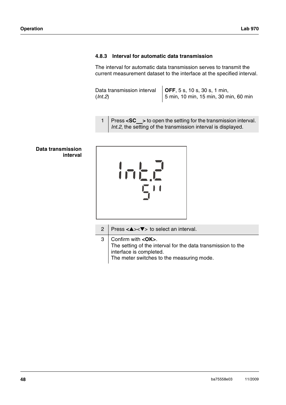 3 interval for automatic data transmission, Interval for automatic data transmission, 2t n i | Xylem Lab 970 User Manual | Page 48 / 71