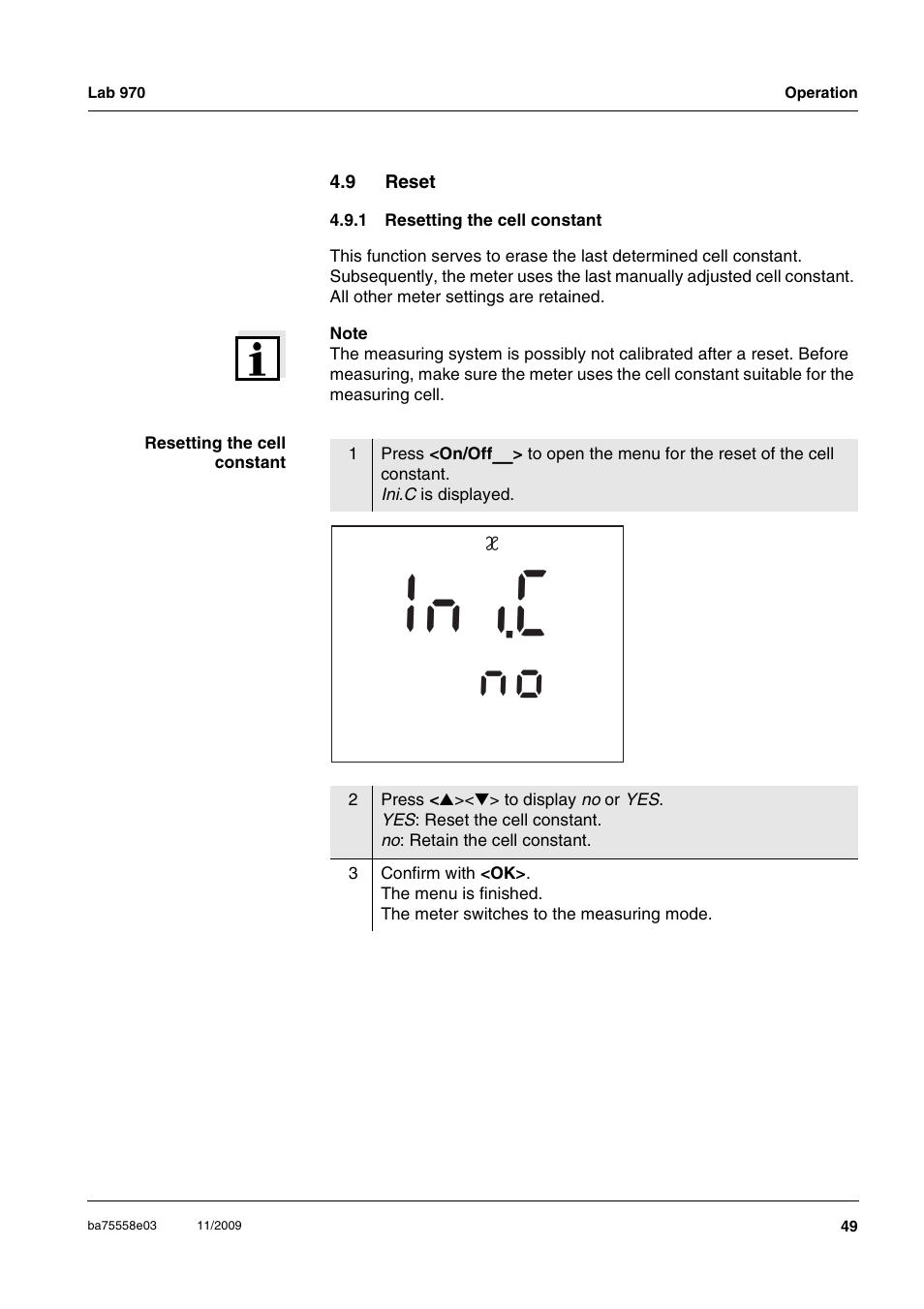 9 reset, 1 resetting the cell constant, Reset 4.9.1 | Resetting the cell constant, Ci n i | Xylem Lab 970 User Manual | Page 49 / 71