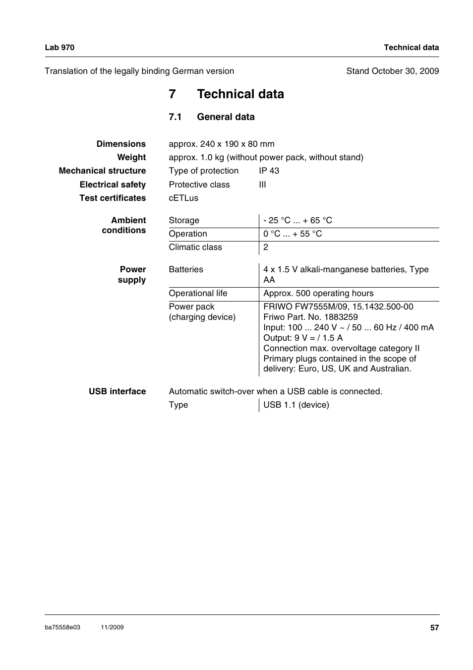 7 technical data, 1 general data, Technical data | General data, Chapter 7 t, Echnical, Data, 7technical data | Xylem Lab 970 User Manual | Page 57 / 71