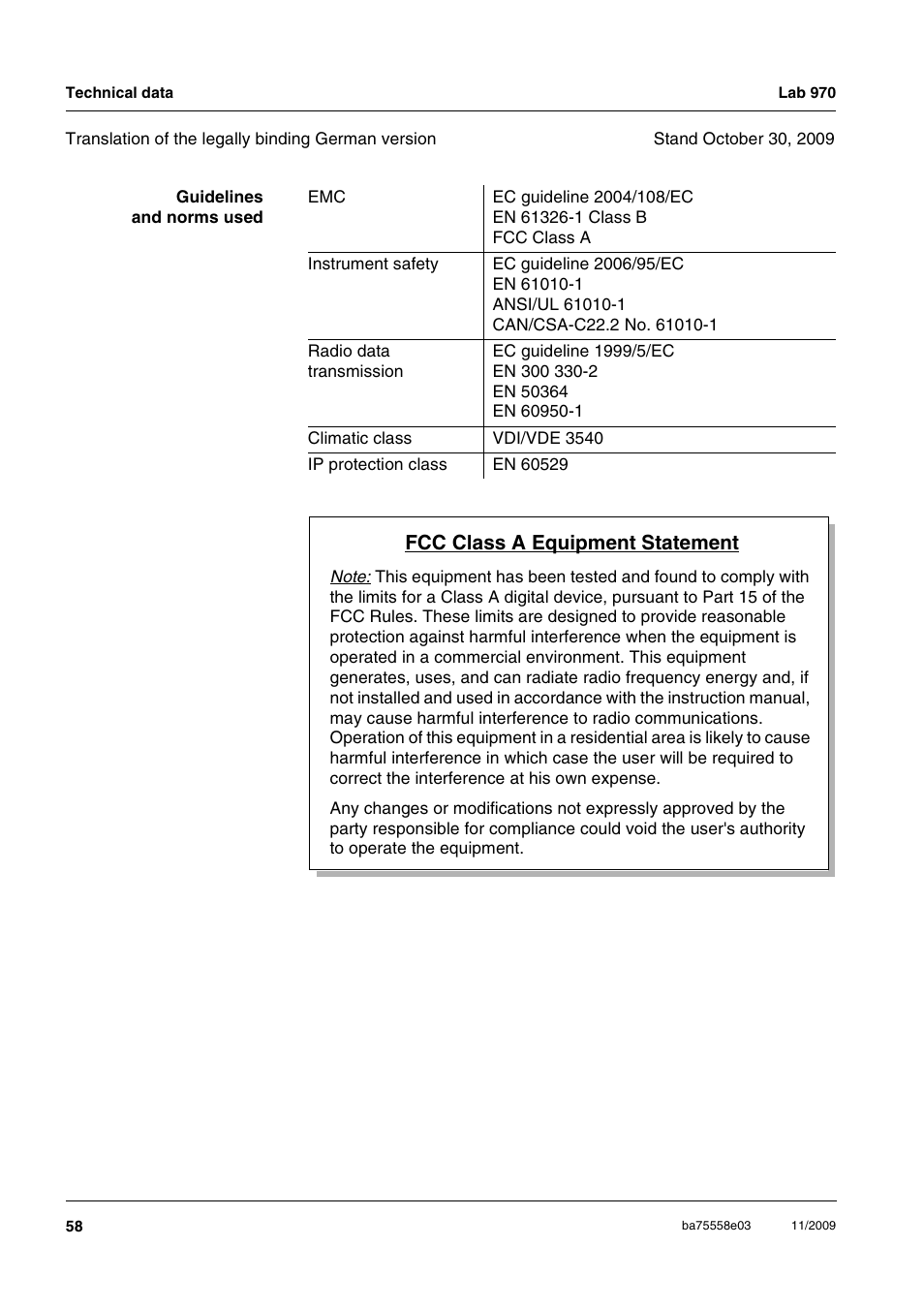 Fcc class a equipment statement | Xylem Lab 970 User Manual | Page 58 / 71