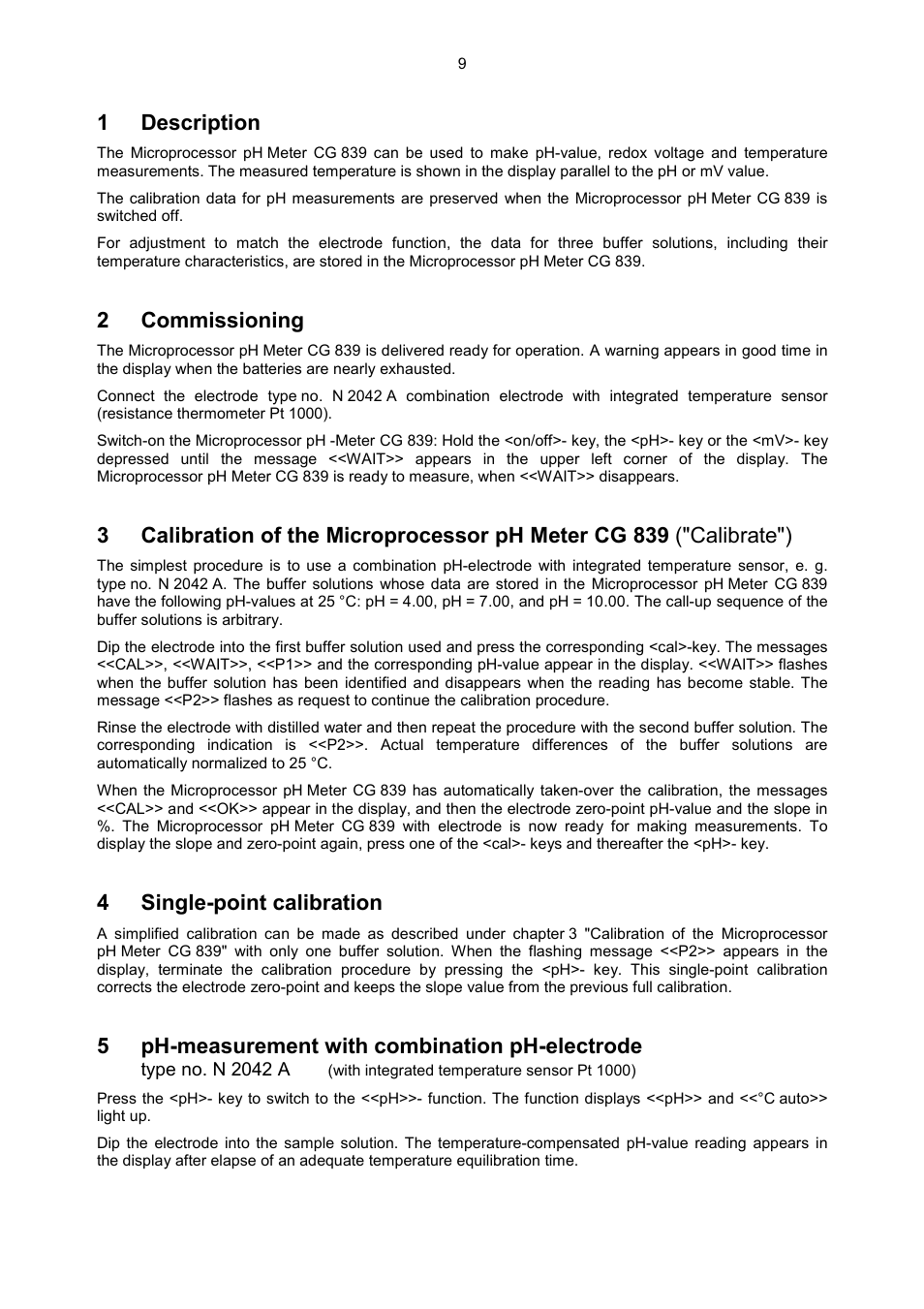 1 description, 2 commissioning, 4 single-point calibration | 1description, 2commissioning, 4single-point calibration, 5ph-measurement with combination ph-electrode | Xylem CG 839 User Manual | Page 5 / 8