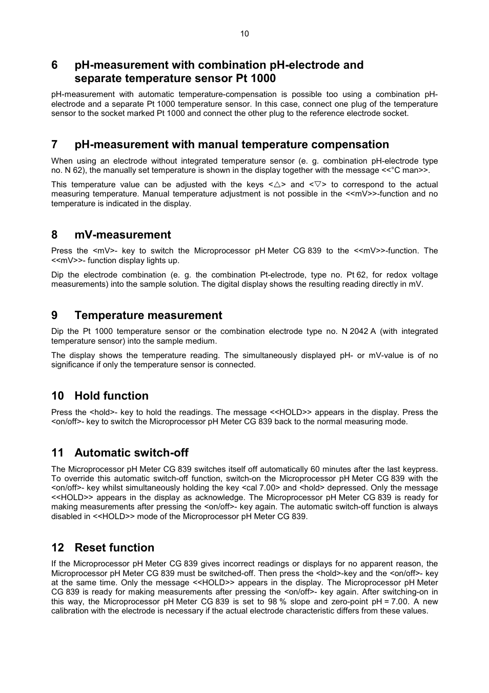 8 mv-measurement, 9 temperature measurement, 10 hold function | 11 automatic switch-off, 12 reset function, 8mv-measurement, 9temperature measurement | Xylem CG 839 User Manual | Page 6 / 8