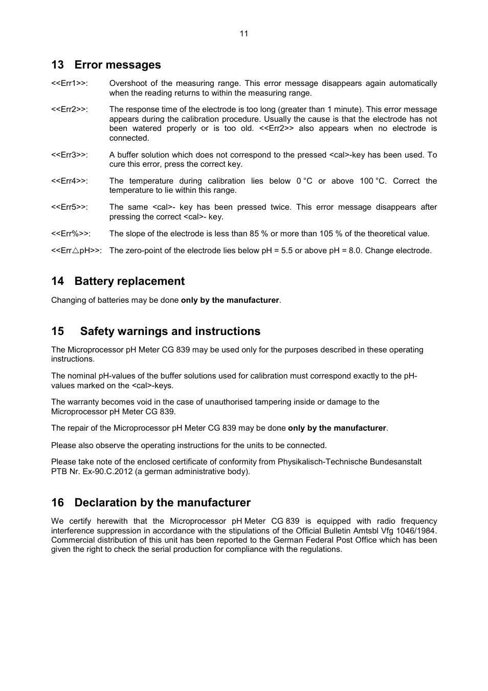 13 error messages, 14 battery replacement, 16 declaration by the manufacturer | 15 safety warnings and instructions | Xylem CG 839 User Manual | Page 7 / 8