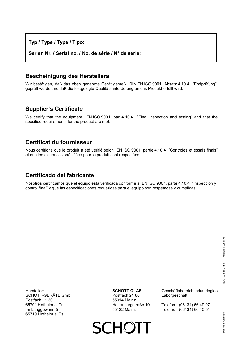 Bescheinigung des herstellers, Supplier’s certificate, Certificat du fournisseur | Certificado del fabricante | Xylem CG 839 User Manual | Page 8 / 8