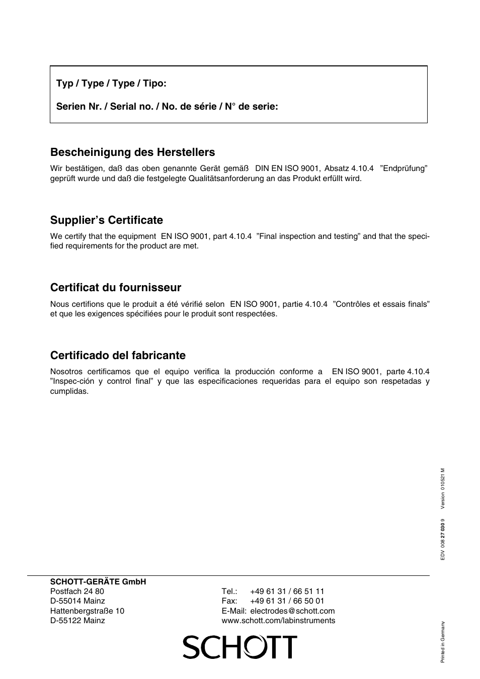 Bescheinigung des herstellers, Supplier’s certificate, Certificat du fournisseur | Certificado del fabricante | Xylem CG 855 User Manual | Page 11 / 11