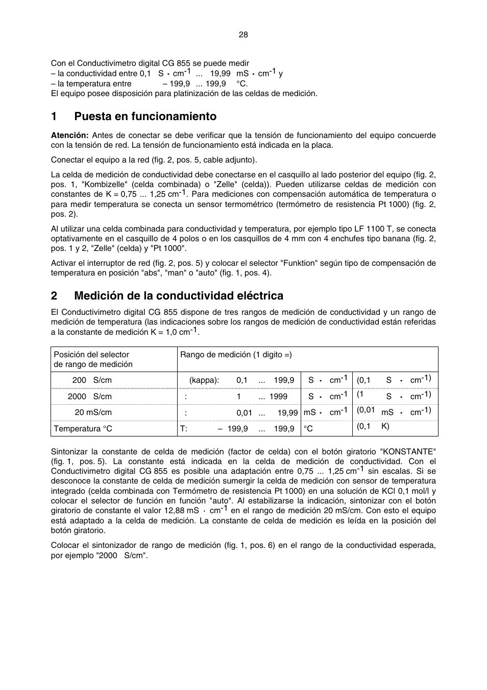 1puesta en funcionamiento, 2medición de la conductividad eléctrica | Xylem CG 855 User Manual | Page 6 / 11