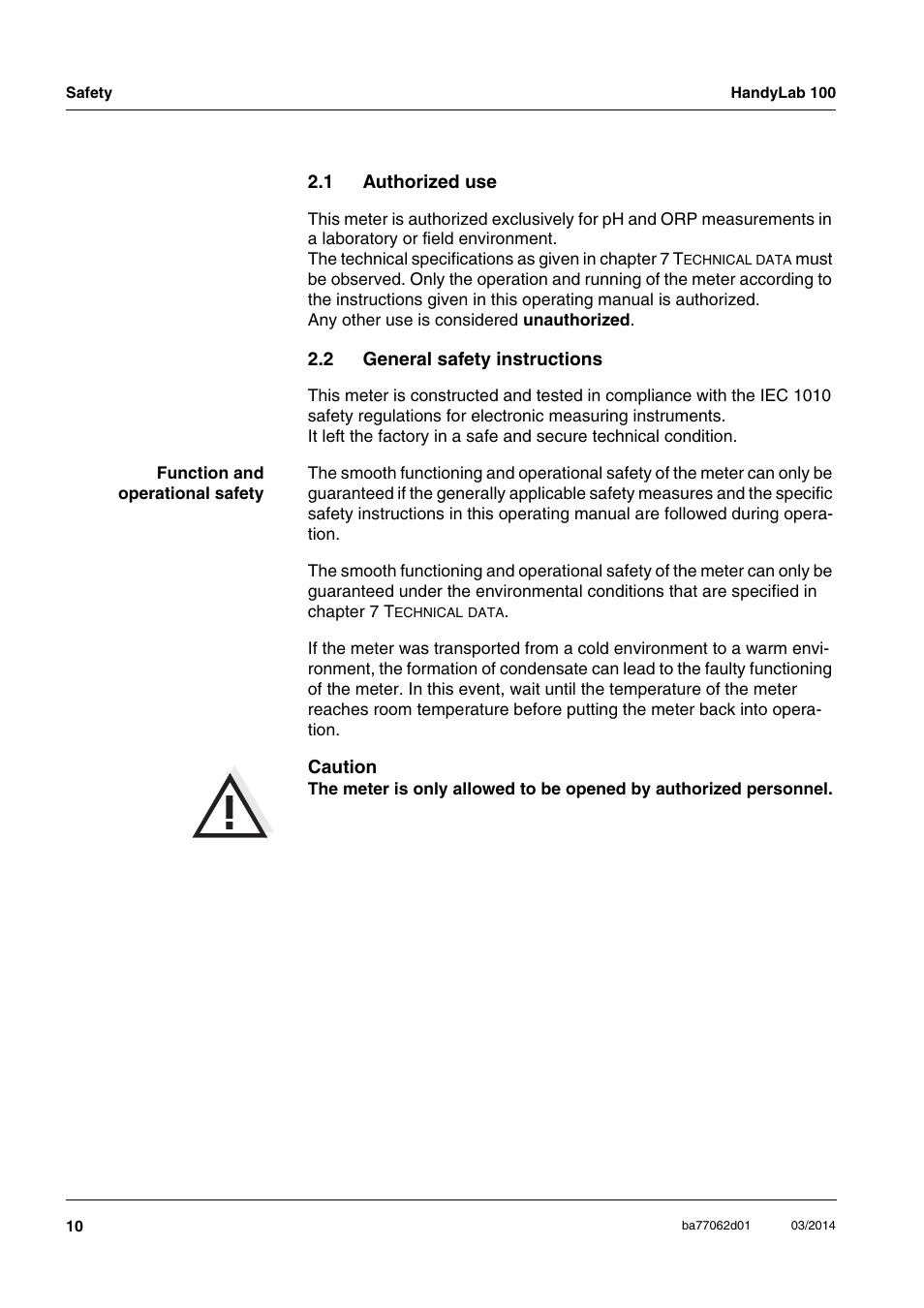 1 authorized use, 2 general safety instructions, Authorized use | General safety instructions | Xylem HandyLab 100 User Manual | Page 10 / 66