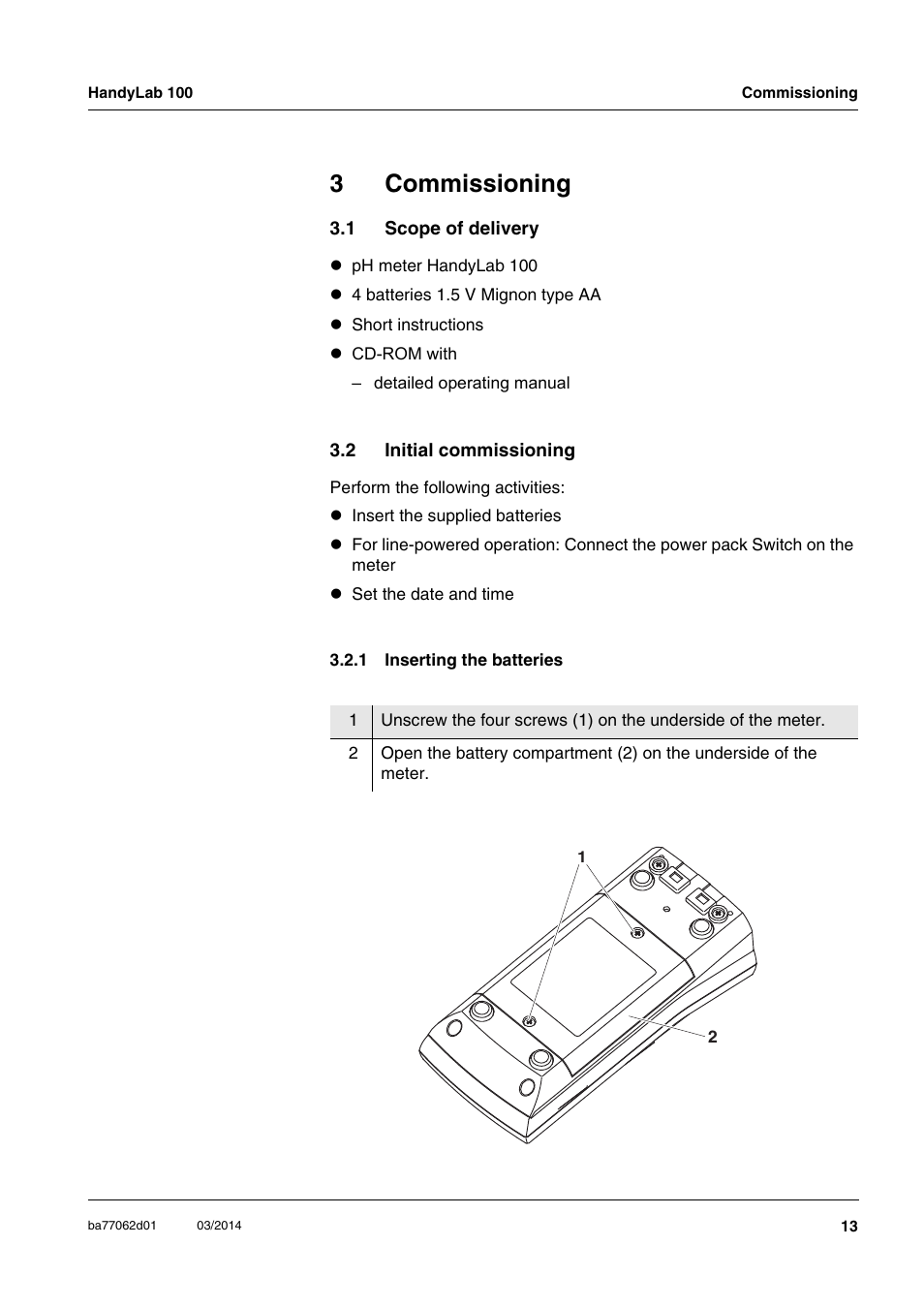 3 commissioning, 1 scope of delivery, 2 initial commissioning | 1 inserting the batteries, Commissioning, Scope of delivery, Initial commissioning 3.2.1, Inserting the batteries, 3commissioning | Xylem HandyLab 100 User Manual | Page 13 / 66