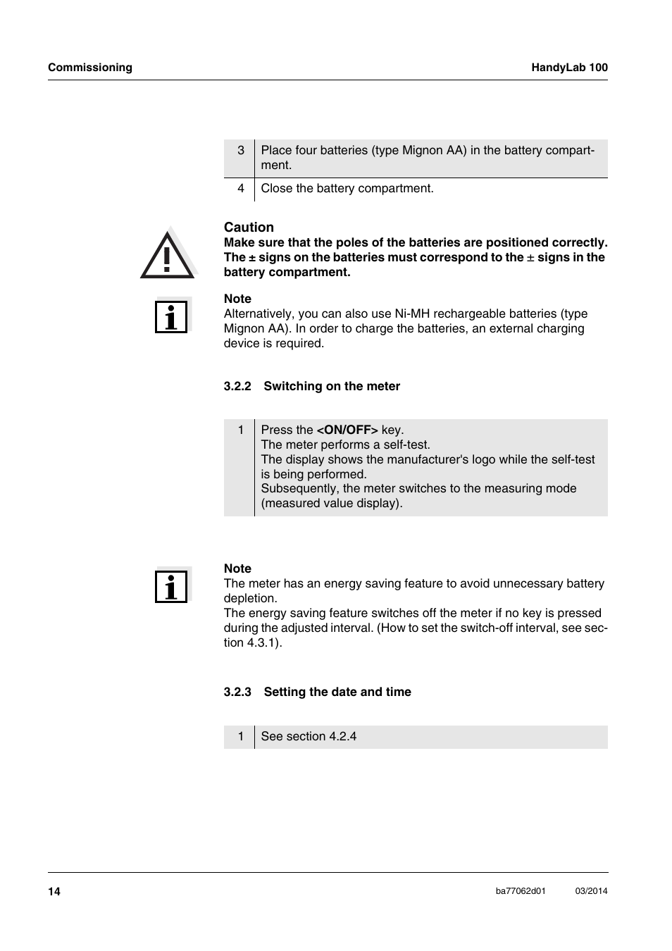 2 switching on the meter, 3 setting the date and time, Switching on the meter | Setting the date and time | Xylem HandyLab 100 User Manual | Page 14 / 66