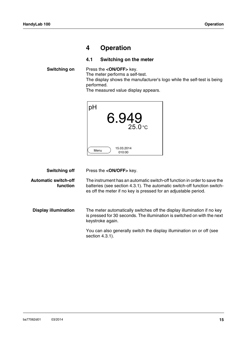 4 operation, 1 switching on the meter, Operation | Switching on the meter, 4operation | Xylem HandyLab 100 User Manual | Page 15 / 66