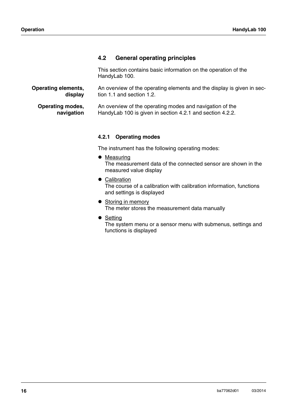 2 general operating principles, 1 operating modes, General operating principles 4.2.1 | Operating modes | Xylem HandyLab 100 User Manual | Page 16 / 66