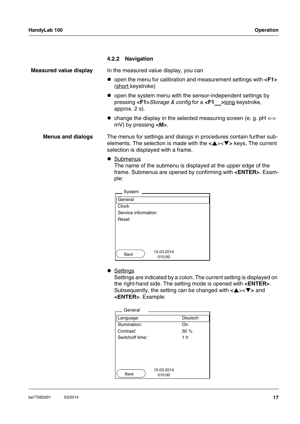 2 navigation, Navigation, Section 4.2.2 | Xylem HandyLab 100 User Manual | Page 17 / 66