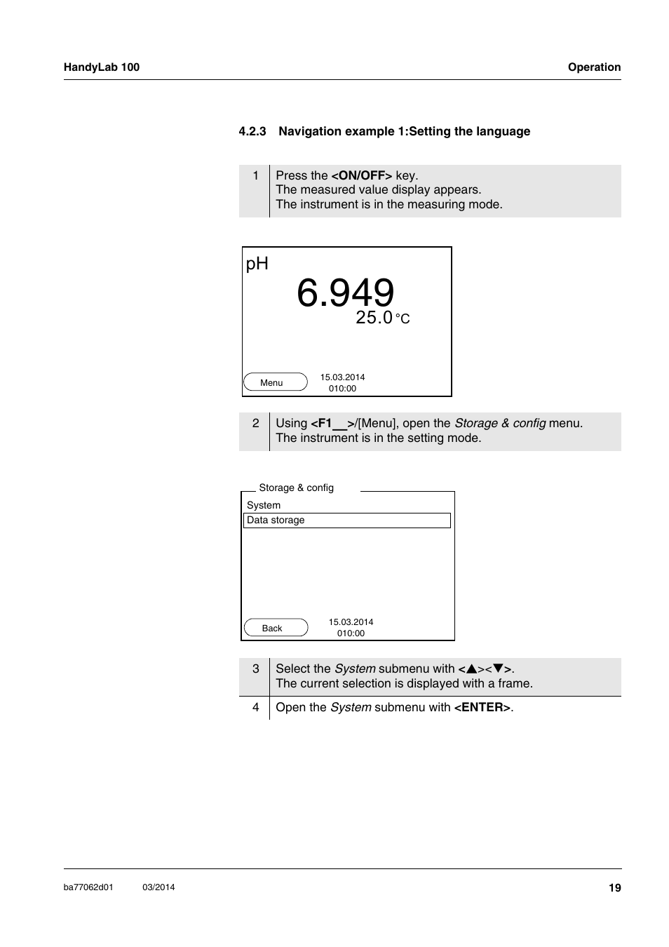 3 navigation example 1:setting the language, Navigation example 1:setting the language | Xylem HandyLab 100 User Manual | Page 19 / 66