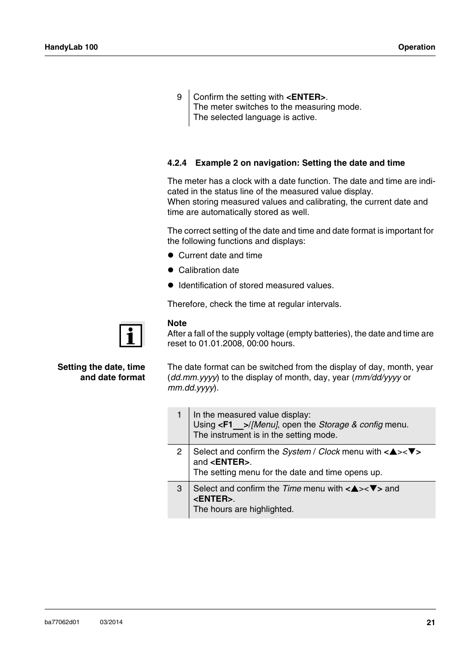 Example 2 on navigation: setting the date and time | Xylem HandyLab 100 User Manual | Page 21 / 66