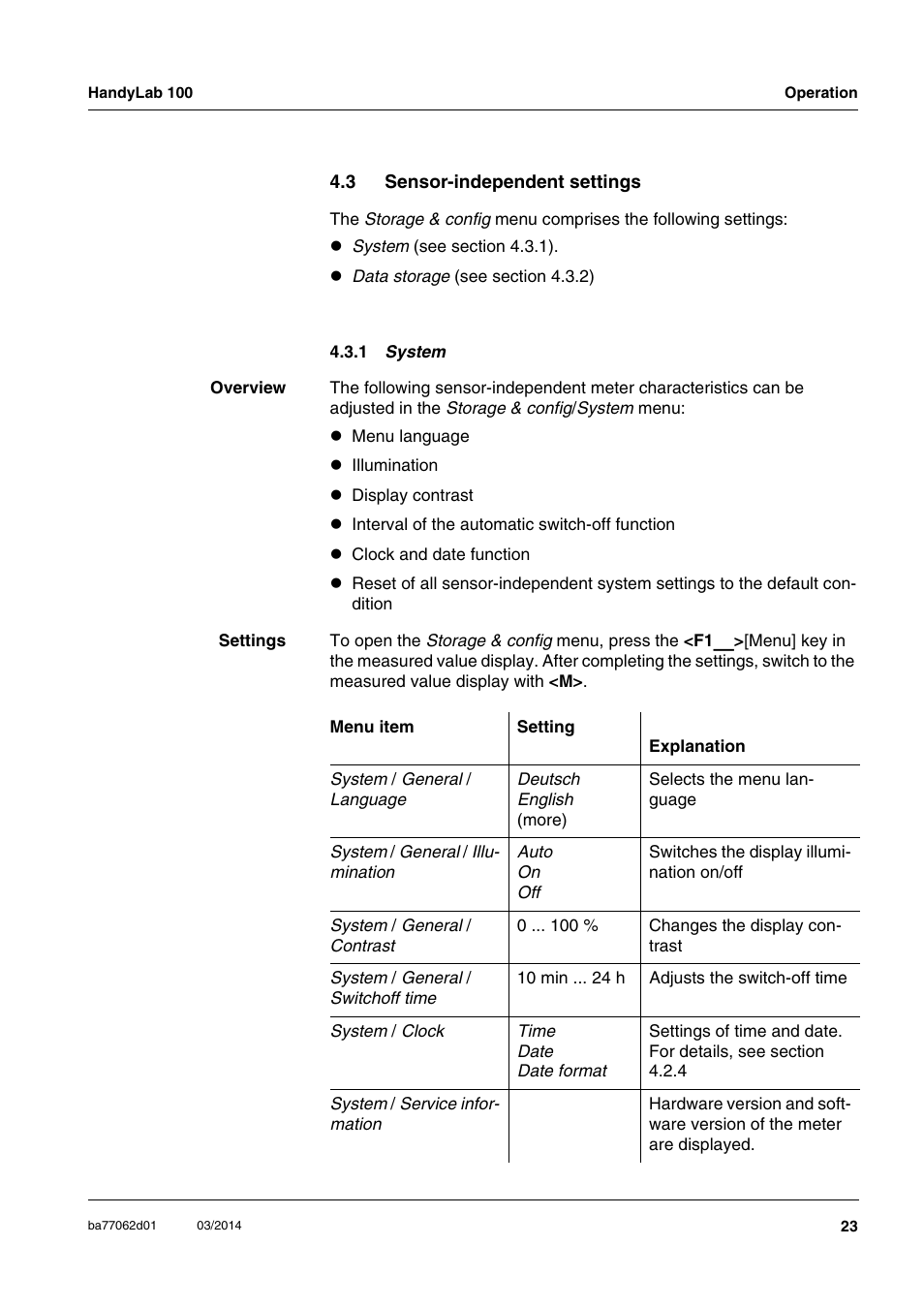 3 sensor-independent settings, 1 system, Sensor-independent settings 4.3.1 | Xylem HandyLab 100 User Manual | Page 23 / 66