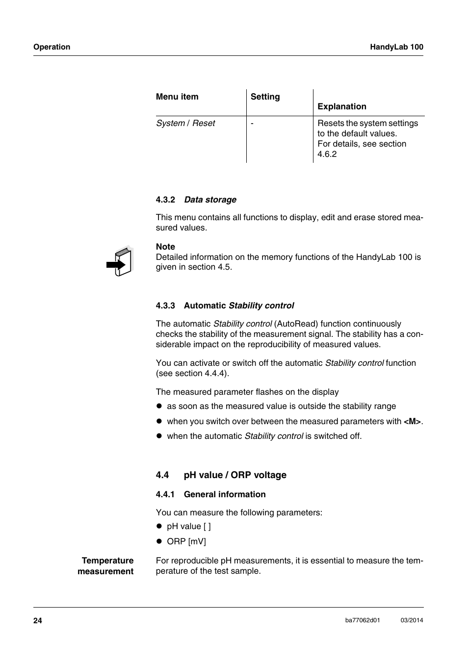 2 data storage, 3 automatic stability control, 4 ph value / orp voltage | 1 general information, Automatic stability co, Ph value / orp voltage 4.4.1, General information | Xylem HandyLab 100 User Manual | Page 24 / 66