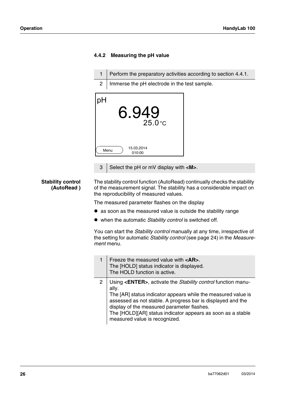 2 measuring the ph value, Measuring the ph value | Xylem HandyLab 100 User Manual | Page 26 / 66