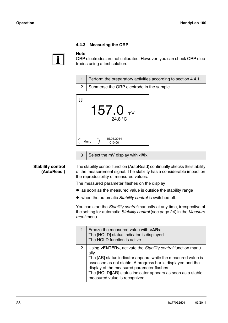 3 measuring the orp, Measuring the orp | Xylem HandyLab 100 User Manual | Page 28 / 66