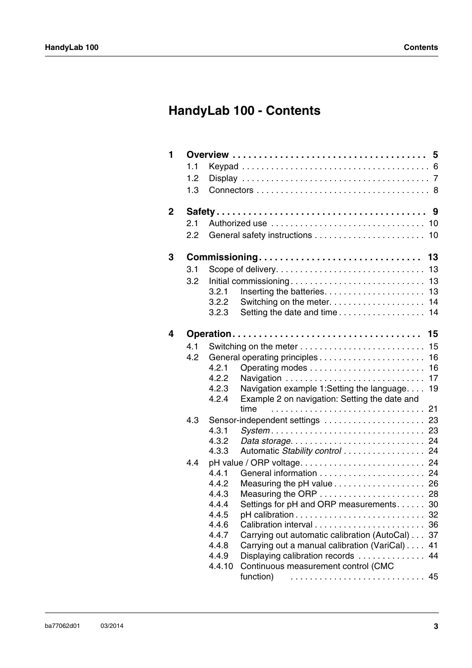 Handylab 100 - contents | Xylem HandyLab 100 User Manual | Page 3 / 66