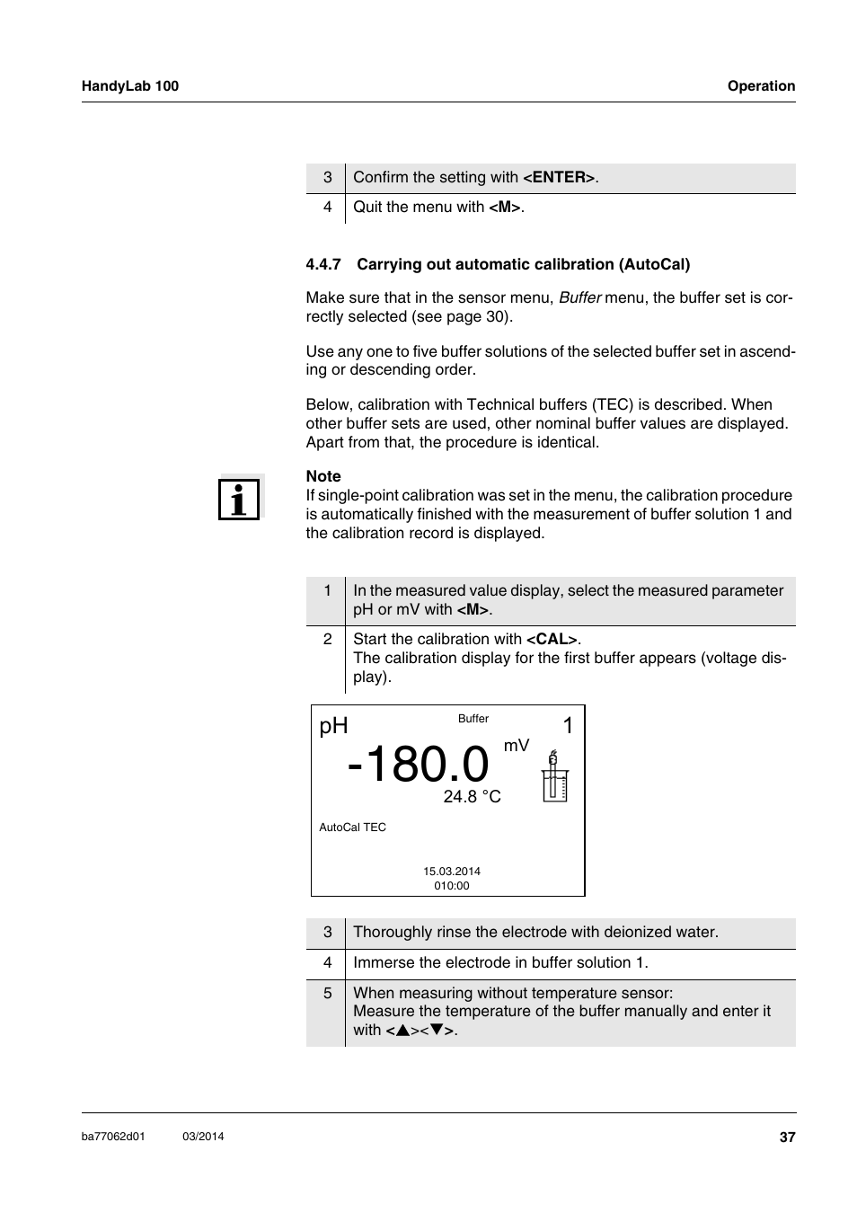 7 carrying out automatic calibration (autocal), Carrying out automatic calibration (autocal), Ph 1 | Xylem HandyLab 100 User Manual | Page 37 / 66