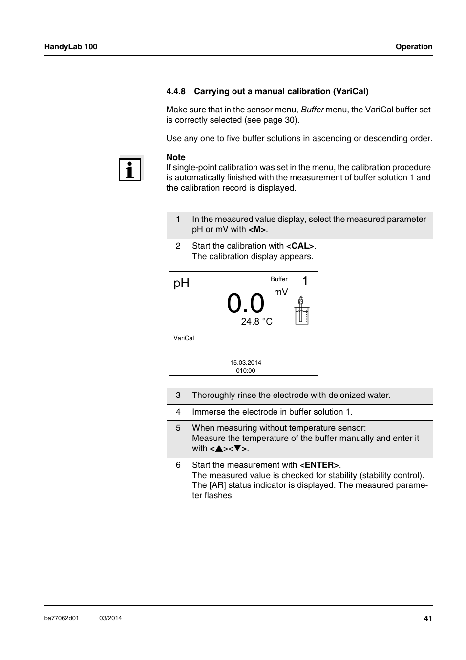 8 carrying out a manual calibration (varical), Carrying out a manual calibration (varical) | Xylem HandyLab 100 User Manual | Page 41 / 66